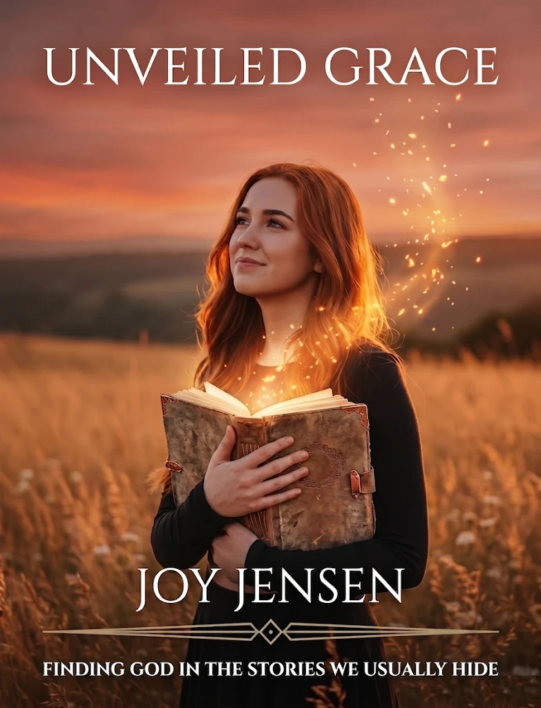 Front cover of Unveiled Grace by Joy Jensen: a woman with long red hair looks up while holding an open book that glows with golden light, standing in a field at sunset. Subtitle: Finding God in the Stories We Usually Hide.