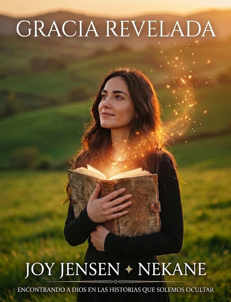 Portada de Gracia revelada, de Joy Jensen y Nekane: una mujer de cabello largo y oscuro mira hacia arriba mientras sostiene un libro abierto que brilla con luz dorada, entre colinas verdes al atardecer. Subtítulo: Encontrando a Dios en las historias que solemos ocultar.