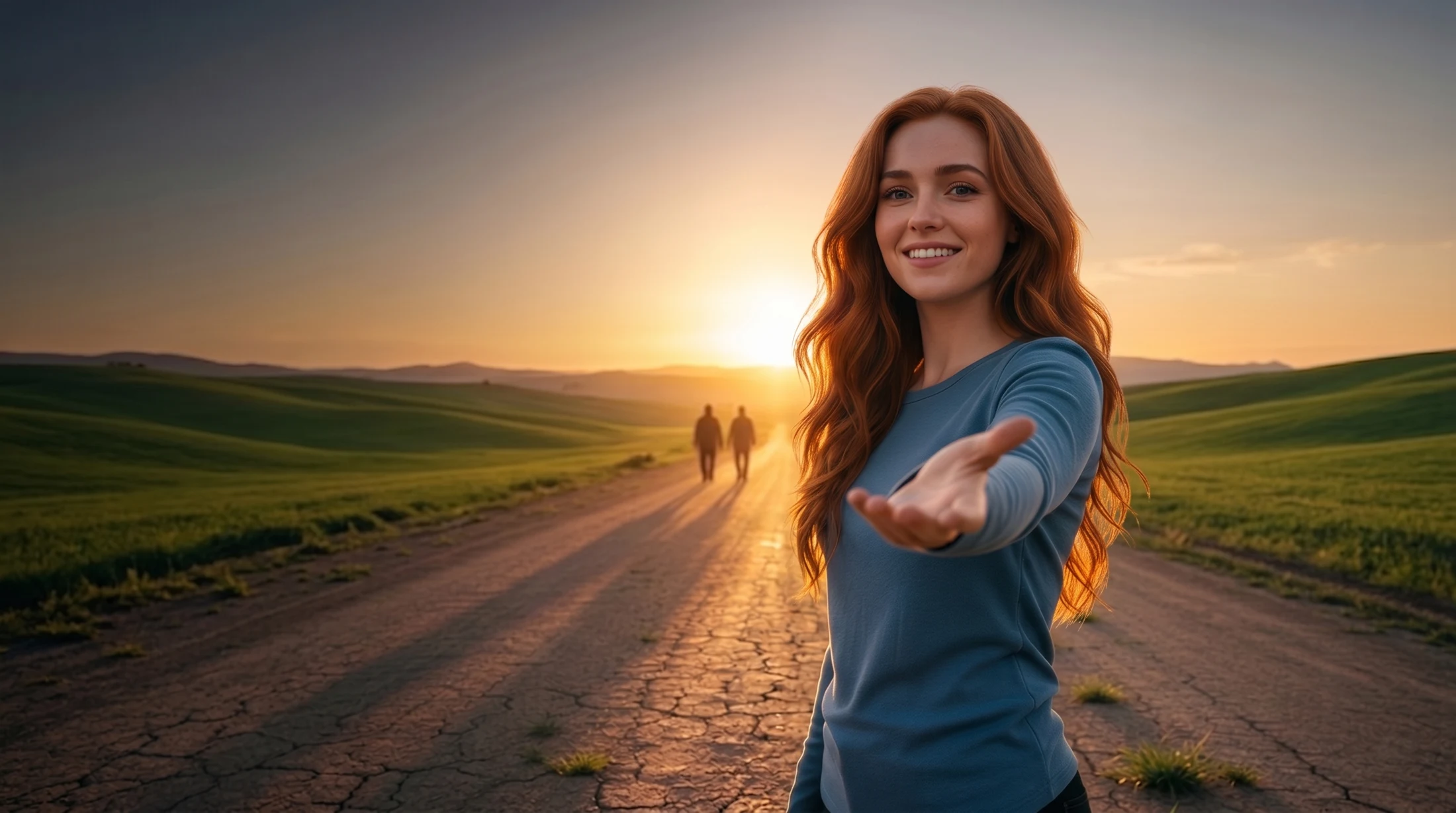 A woman with long red hair in a blue top smiles and holds out an open hand toward you, standing on a cracked dirt road at sunset, with green hills and two figures walking toward the light.
