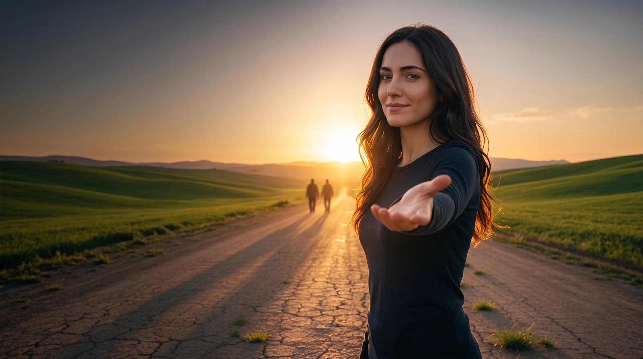 Una mujer de cabello largo y oscuro, con una camiseta negra, sonríe y extiende una mano abierta hacia ti, de pie en un camino de tierra agrietado al atardecer, con colinas verdes y dos figuras que caminan hacia la luz.